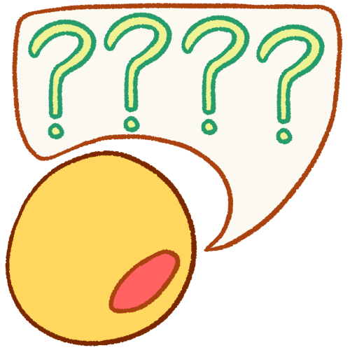  A drawing of a plain yellow head with an open mouth, speaking a speech bubble with four light green question marks.